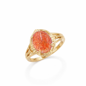 Bague de créateur moderne en or plaqué 1 micron et rhodié, sertie de pierres de soleil ovales cabochon, bijoux en pierres précieuses - Product Image 1