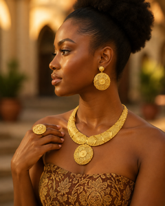 Classic High Quality Flower Shape Brass 18K Gold Plated <b>Charm</b> Short Necklaces Set Earrings Rings One Gram Jewelry Women - Product Image 3