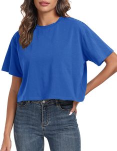Camiseta Corta de Cuello Redondo Azul para Mujer, Corte Holgado, Color Sólido, Informal, Tejido de Punto Jersey, Transpirable, para Primavera/Verano - Product Image 1