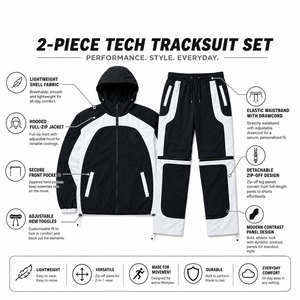 Conjunto Deportivo Personalizado para Hombre, Chaqueta con Capucha y Pantalones Desmontables en Blanco y Negro, Pantalones Cargo con Cierre, Ropa Deportiva, Ropa Técnica - Product Image 5