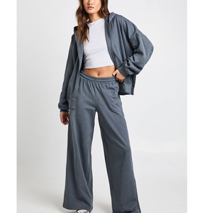 Conjunto de chándal personalizado de tejido grueso lavado GSM, con chaqueta con cremallera de forro polar tecnológico vintage y pantalones de chándal de cintura media con hombros caídos, conjunto a juego - Product Image 1