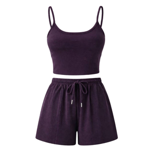 Conjunto de 2 Piezas para Mujer, Color Morado, Top Corto sin Mangas con Cordón Ajustable y Pantalones Cortos, Tejido Sólido y Transpirable, Ropa Casual de Primavera/Verano - Product Image 1