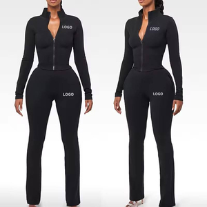Custom Logo <b>Women's</b> 2 Piece <b>Long</b> Activewear Set Half <b>Sleeve</b> Zipper Regular Fit Sporty <b>Black</b> Knitted Spandex Polyester - Product Image 6