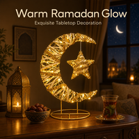 Petite lampe croissant à piles en fil tressé avec ruban satiné crème et étoile suspendue pour la décoration de chevet du Ramadan