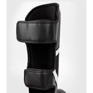 Premium Genuine <b>Leather</b> Shin Guard Black <b>White</b> Accents Hook Loop Closure Lightweight Professional Protection Breathable Sports - Product Image 2