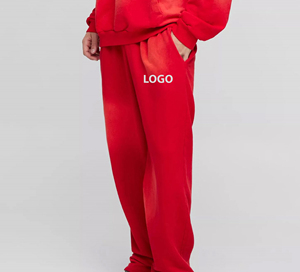 Pantalon de survêtement en coton rouge pour hommes, taille élastique, coupe ample décontractée avec poches, logo sur la jambe droite, vêtements d'automne - Product Image 1