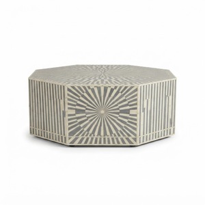 Table basse personnalisable en os incrusté noir et blanc, table d'appoint ronde à accents floraux avec 2 tiroirs, vente en gros, salon indien - Product Image 6