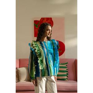 Blusa Casual de Mujer Ocean Play con Cuello Halter, 100% Algodón Popelín, Manga Larga Abullonada, Secado Rápido, Estampado Tie Dye, Estilo Urbano Holgado - Product Image 2