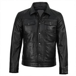 Veste à capuche unisexe en cuir de mouton noir, col rabattu, style décontracté, fermeture éclair simple, coupe classique, hiver - Product Image 1