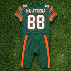ชุดยูนิฟอร์มอเมริกันฟุตบอลสีเขียวส้มสำหรับผู้ชายแบบกำหนดเอง พร้อมกางเกงและหมวกกันน็อค ชุดกีฬาสำหรับทีม - Product Image 6