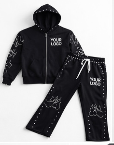 Survêtements décontractés d'hiver sur mesure en molleton respirant avec capuche, pantalon de jogging, broderies et strass, pull imprimé sérigraphié - Product Image 1