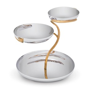 Three Tier Silver Decorative <b>Tray</b> With Gold Accent Modern Design Round Multi Functional Metal Handicraft Display Stand - Product Image 1