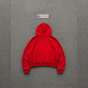 เสื้อฮู้ดดี้สีแดงคุณภาพดีไซส์ใหญ่ ซิปหน้า ผ้าฝ้ายเฟรนช์เทอร์รี่แบบวินเทจ ล้างสีแล้ว มีกระเป๋า ดีไซน์สไตล์ฤดูใบไม้ร่วง ทรงโอเวอร์ไซส์ ไหล่ตก - Product Image 6