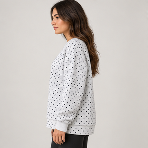 Sweat-shirt à col rond gris chiné clair pour femme avec pois bleu foncé sur toute la surface, manches longues, logo personnalisé - Product Image 2