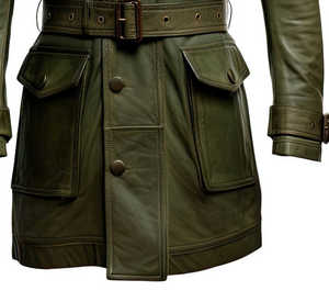 เสื้อโค้ทหนังแท้สำหรับผู้ชาย แบบยาว ปกบาก พร้อมเข็มขัดและกระเป๋า - Product Image 4
