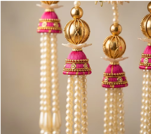 Traditional Pink Flower Wall Hanging With Gold Embroidery And Beads For Diwali Indoor Decor - Product Image 5