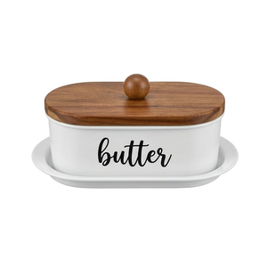 Mantequillera de Esmalte Blanco con Tapa de Madera de Acacia, Contenedor Grande para Mantequilla, Caja de Almacenamiento para Cocina Estilo Rústico - Product Image 1