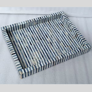 Plateau décoratif Art Déco FAIZA CRAFT en os incrusté, rayé bleu et blanc, forme personnalisée, compatible micro-ondes, avec cordon perlé - Product Image 2
