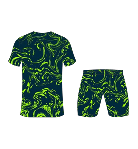 Conjunto de uniforme de fútbol sublimado personalizado para hombre con camiseta con estampado de remolinos en verde lima y verde azulado oscuro y pantalones cortos a juego - Product Image 6