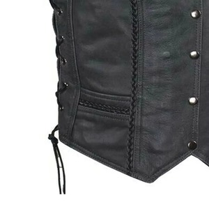 Gilet moto en cuir véritable pour femme avec col montant, en toile écologique, avec lacets latéraux et fermeture éclair, vêtement d'extérieur pour l'automne - Product Image 5