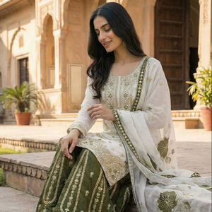 Ensemble Gharara vert bouteille blanc avec broderie Zari dorée, 3 pièces, tenue traditionnelle pakistanaise pour fête, Aïd, Mehndi, vêtements ethniques 2026 - Product Image 1
