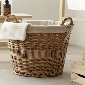 Wide <b>rectangular</b> fine-woven rattan laundry <b>basket</b> with integrated side handles, available at wholesale prices. - Product Image 2