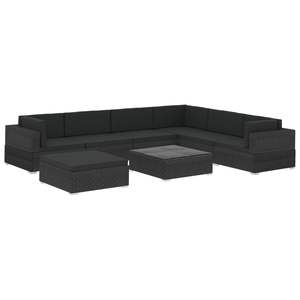 Set salotto da 8 pezzi in Poly Rattan nero con cuscini per uso giardino - Product Image 2