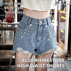 Shorts en jean déchirés taille haute pour femme, bleu été avec strass, style décontracté respirant, vente en gros de vêtements - Product Image 3