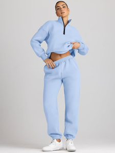 Ensemble de survêtement bleu clair pour femme, 2 pièces, pull à manches longues avec demi-fermeture éclair et pantalon de survêtement ample avec poches, respirant - Product Image 5