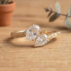 <b>Boho</b> Style Oval And Pear Cut Lab Grown Toi Et Moi Diamond Solitaire Engagement <b>Ring</b> Solid Gold Prong Set Vintage Wedding <b>Ring</b> - Product Image 1