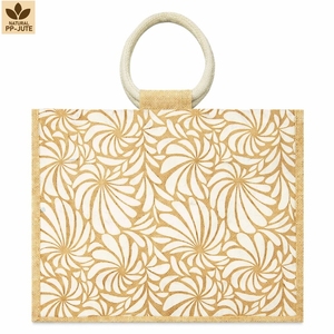 Bolsa de Playa de Yute Natural con Estampado Floral Personalizado, Asa Redonda Laminada en PP, Venta al Por Mayor, Fabricante de Marca Privada OEM, Exportador B2B - Product Image 1