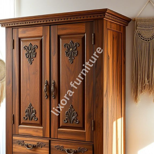 Luxury Handcrafted Solid Wood 2 Door <b>Wardrobe</b> with 4 Lower Drawers Ornate Carving Natural Finish - Product Image 2