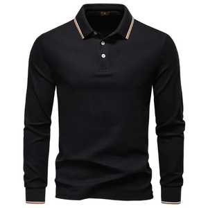 Custom Long Sleeve <b>Polo</b> Shirt <b>Men</b> Cotton Pique Slim Fit Collar Tipping Striped Buttons Casual <b>Polo</b> Shirt - Product Image 2