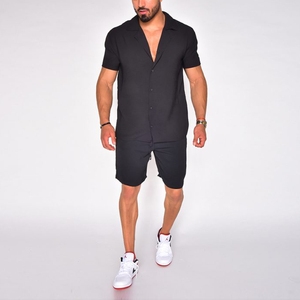 Wholesales Men's Plus Size Casual Summer Solid Black Two-Piece <b>Set</b> 100% Cotton Printed Shorts and Shirt for Street Wear - Product Image 2