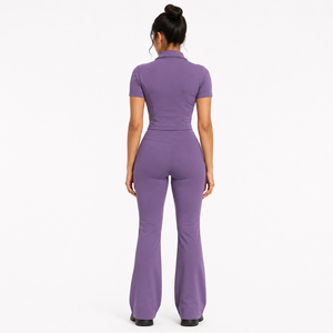 Ensemble de yoga 2 pièces pour femme, séchage rapide, extensible, haut zippé à manches courtes et pantalon évasé taille haute pour la gym, la course et les activités sportives - Fabricant - Product Image 2