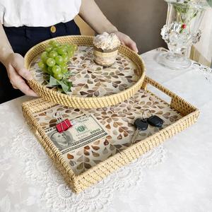 Rectangular Handmade Rattan Woven & MOP Inlay Serving & <b>Storage</b> <b>Trays</b> For Ramadan Eid Festive Gift Serving Platters For Tabletop - Product Image 4