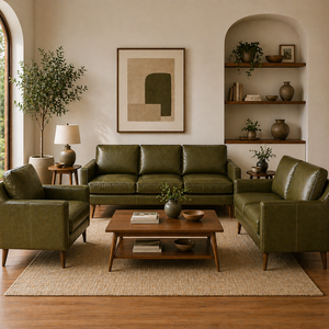 Ensemble de canapés en cuir vert olive vintage, 3 places, 2 places, fauteuil, mobilier moderne du milieu du siècle, exportation pour la maison, l'hôtel, la villa, les projets - Product Image 1