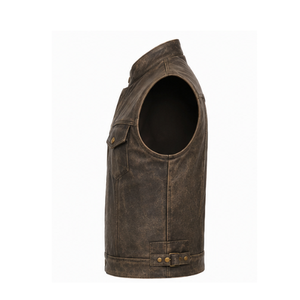 Gilet moto en cuir véritable pour homme, col montant, finition marron délavé, fermeture à bouton unique, longueur standard, vêtement d'extérieur - Product Image 5