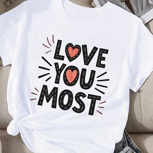 เสื้อยืดลำลองใส่สบายสำหรับผู้หญิงเสื้อยืดพิมพ์ลายหัวใจ 'รักมากที่สุด' ในวัสดุโพลีเอสเตอร์ถัก - Product Image 2