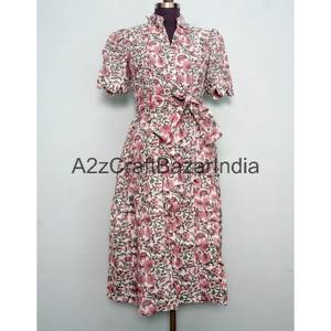 Vestido Midi de Mujer, Diseño Indio Hecho a Mano, 100% Algodón, Estampado Floral, Corte en A, Cuello en V, Mangas Cortas, Bolsillos, Decoración con Botones - Product Image 1