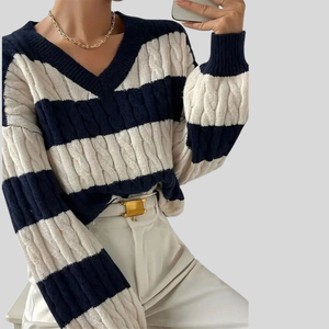 Pull-over en tricot ample à col en V, deux couleurs, rayé, manches longues, pour femme, mode automne-hiver, vente en gros sur mesure. - Product Image 4