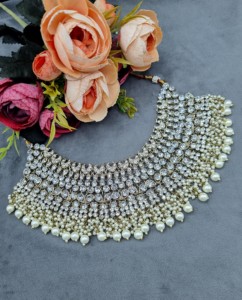 Heavy Ethnic CZ Studded Bridal Choker <b>Set</b> With Pearl Drop Accents Matching Earrings & Mangtika Antique Gold Plated <b>Jewellery</b> <b>Set</b> - Product Image 5