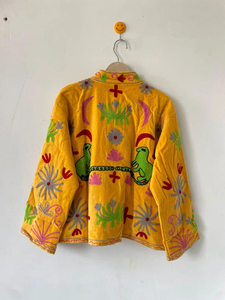 <b>Womens</b> Yellow Mandarin Collar Eco-Friendly Quick Dry 100% Cotton Hand Embroidered Floral Pattern Regular Quilted Blouson <b>Jacket</b> - Product Image 6