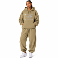 Ensemble de survêtement kaki à capuche pour femme, 2 pièces, en coton, coupe ample, avec cordon de serrage, pantalon de jogging à poches avant, personnalisable, automne-hiver