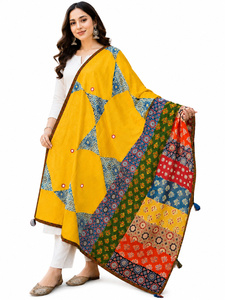 Jaipur Moda Festive Yellow Cotton Dupatta with Multicolor Patchwork Border Handmade Tassels Indian Stole for Women - Product Image 6