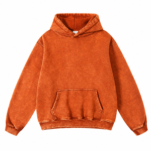 Sudadera con Capucha para Hombre, Estilo Vintage, Lavado Ácido, Estampado Serigrafiado, Ecológica, Manga Larga, Color Naranja Sólido, con Bolsillo Canguro - Product Image 1