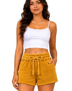 Shorts décontractés pour femmes en coton éponge jaune doré, avec cordon de serrage, taille élastique, poches, confortables pour l'été et la plage - Product Image 1