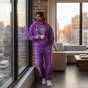 Conjunto de Sudadera con Capucha para Hombre, Estilo Vintage, Diseño Personalizado OEM, Impresión Digital, 2 Piezas, 400 GSM, Tejido Grueso, Color Morado Desgastado - Product Image 4