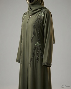 อาบายะผ้าชีฟองวิสโคสสีเขียวมะกอกพร้อมลายปักลายเถาวัลย์ - Product Image 4