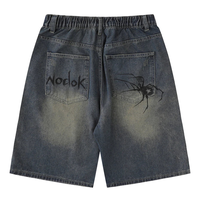 Sokak Modası Eskitme Efektli Yıkanmış Şortlar Örümcek Ağı Asimetrik Bıyıklı Bol Erkek Kot Pantolonları Özelleştirilmiş Püsküllü Bıyıklı Denim Şortlar
